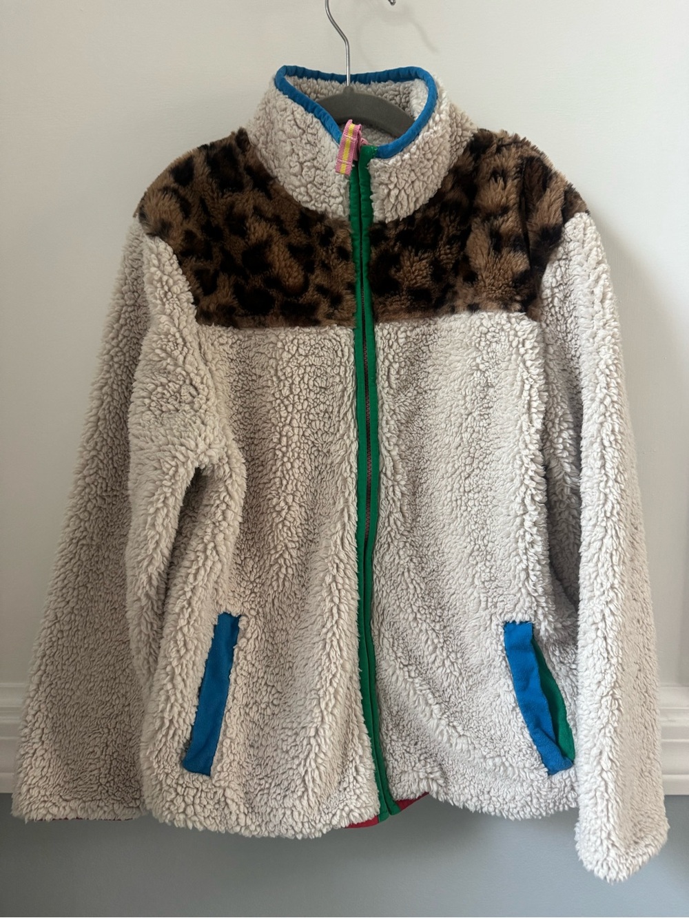 Boden Cream Sherpa Jacket with Leopard Yoke and Blue Trim